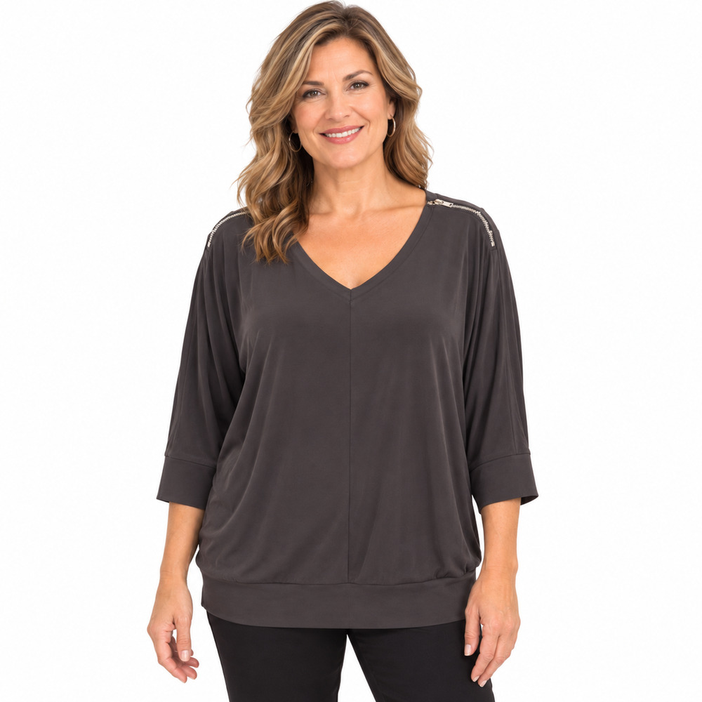 Chicos Womens Dark Brown Jersey Knit V-Neck Dolman Sleeve Top Shirt sz 1 / M